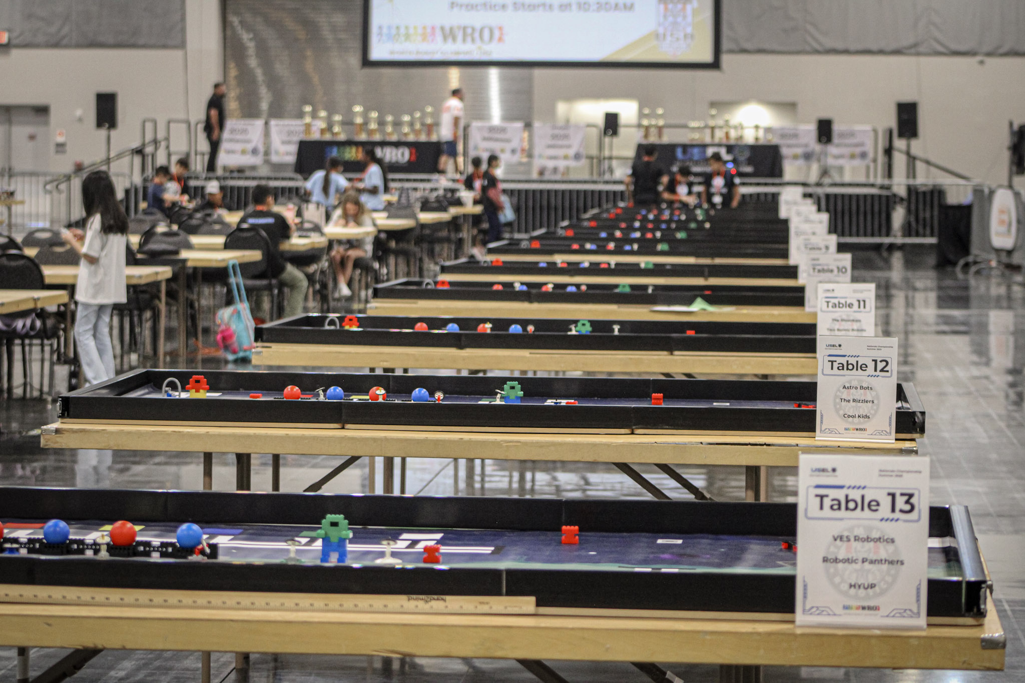 Students preparing equipment and robots