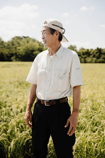 Elderly man in white shirt and cap standing in green rice field