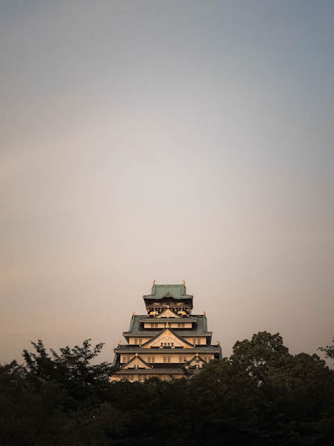 夕暮れ時の大阪城天守閣の上部が、前景の樹木越しに空を背景に写されている