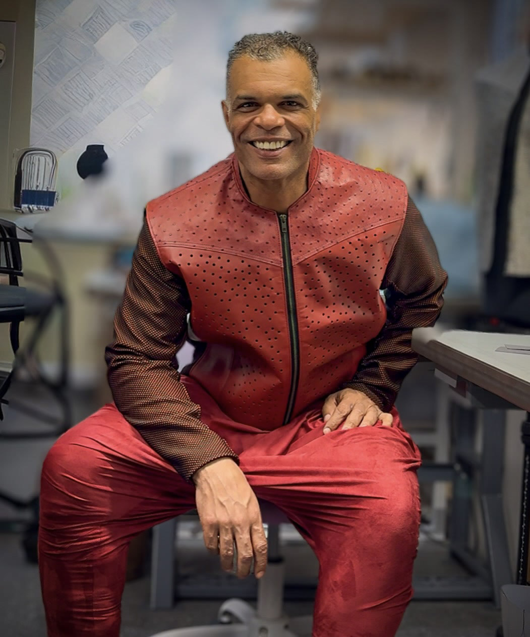 Four front, back and side studio views of red garments.